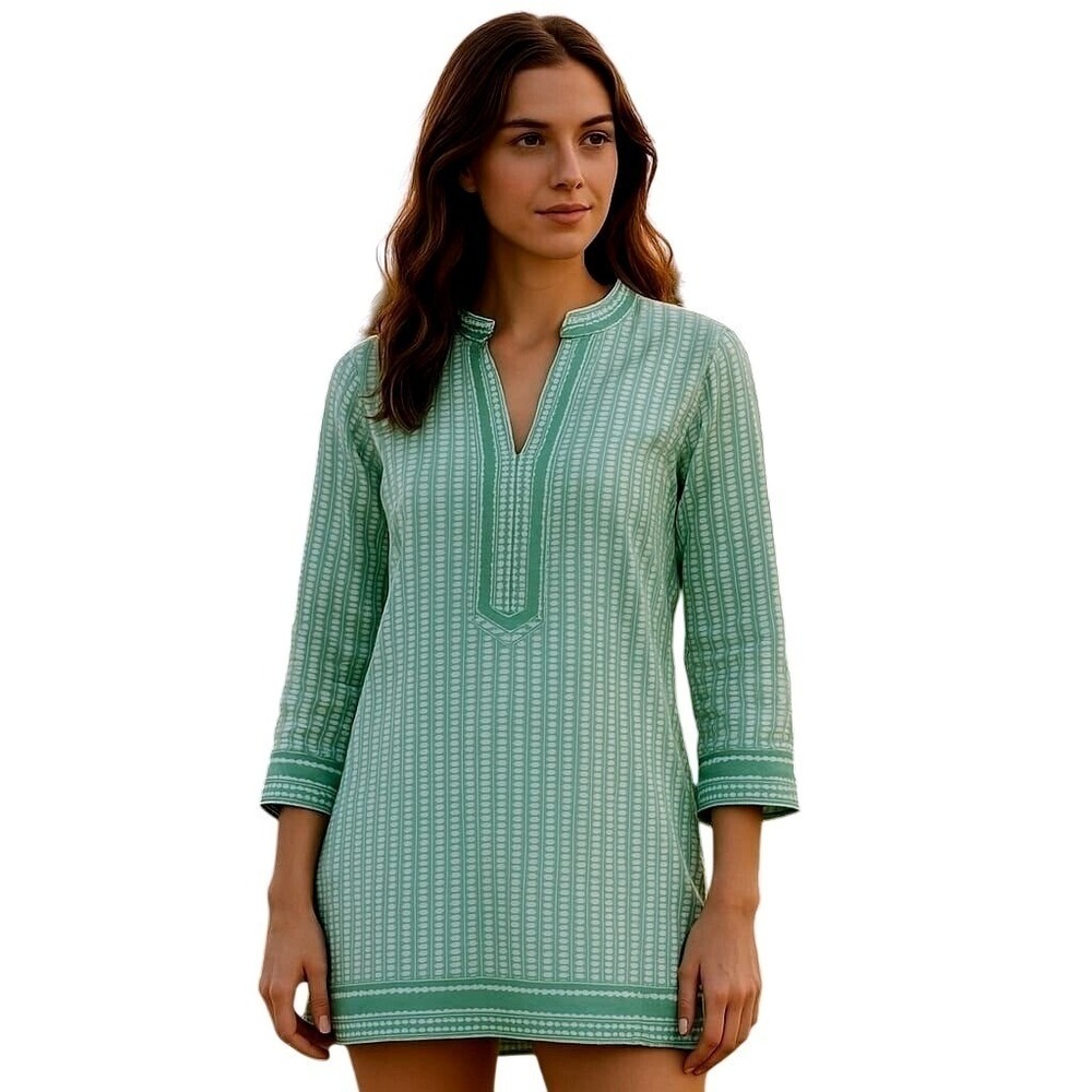 Tory Burch Mint Green Geo Print Cotton Tunic Caftan Resort Beach Cover Up XS
